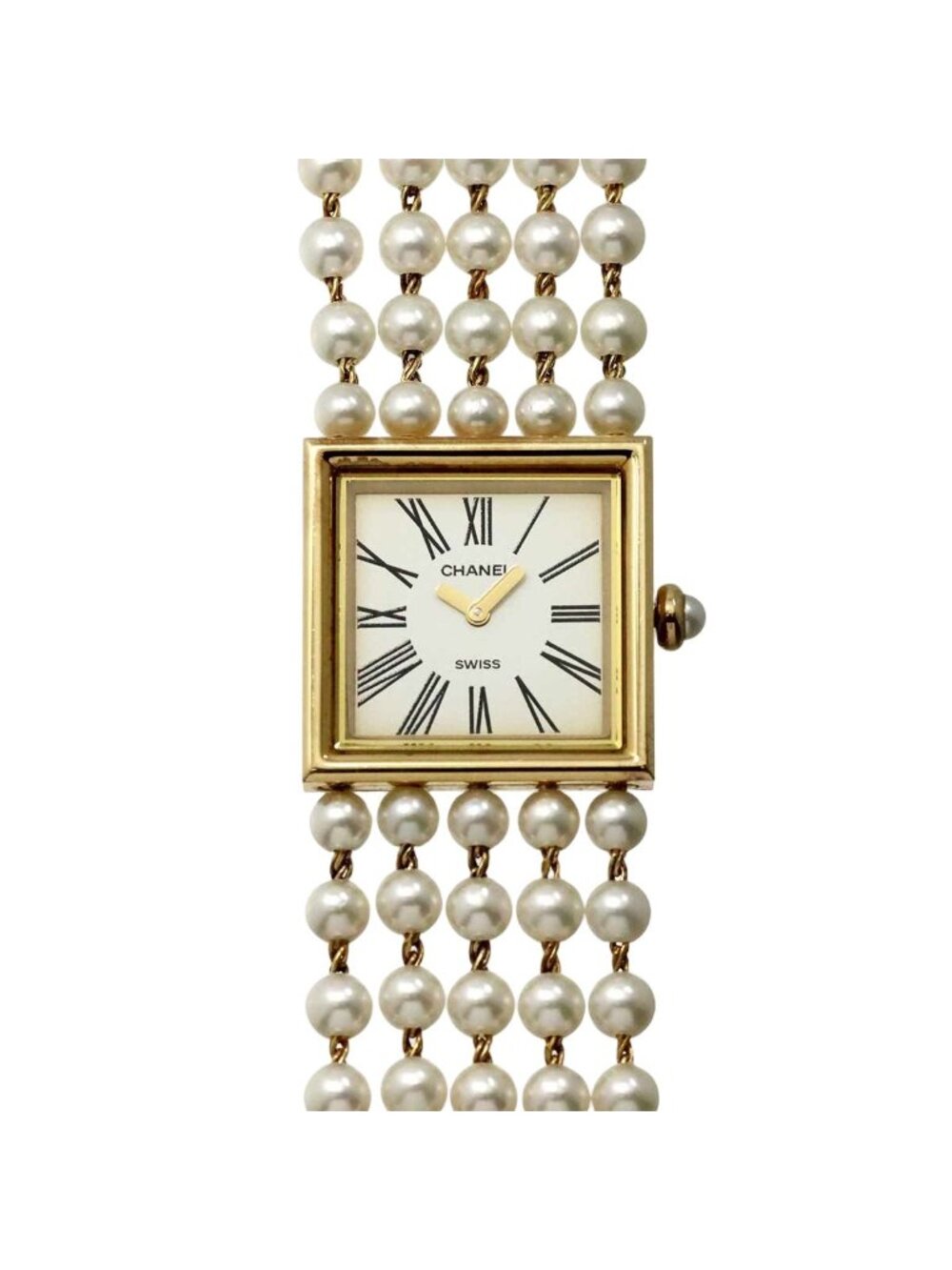 Chanel Mademoiselle Pearl Bracelet M Watch White 18k Yellow Gold Quartz